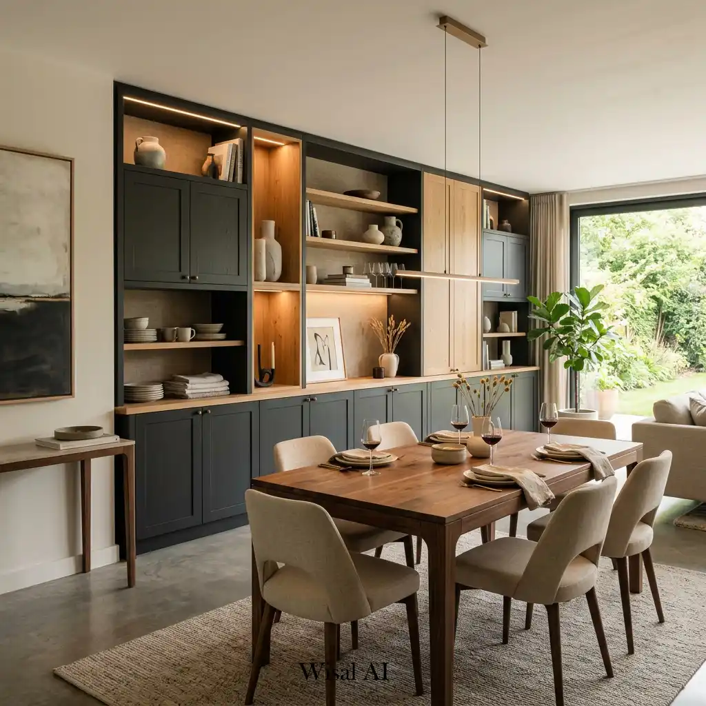 Modern dining room featuring custom built-in storage and display shelving