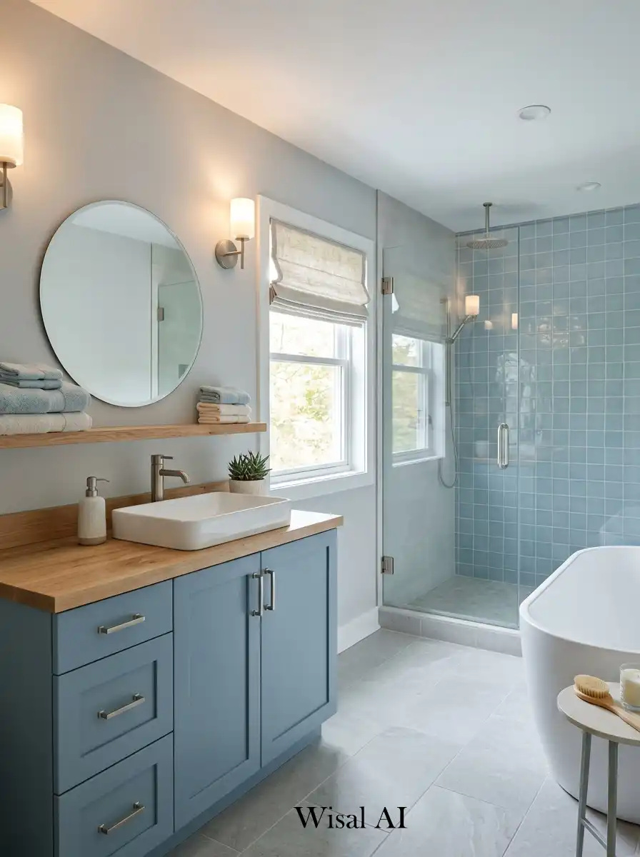 Calming bathroom interior with dusty blue details soft gray tones and peaceful spa-inspired modern design elements.