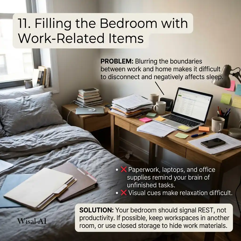Relaxing bedroom free of office furniture and work equipment.