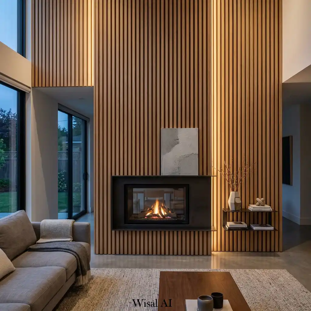 Modern fireplace surrounded by vertical wood slat wall panels