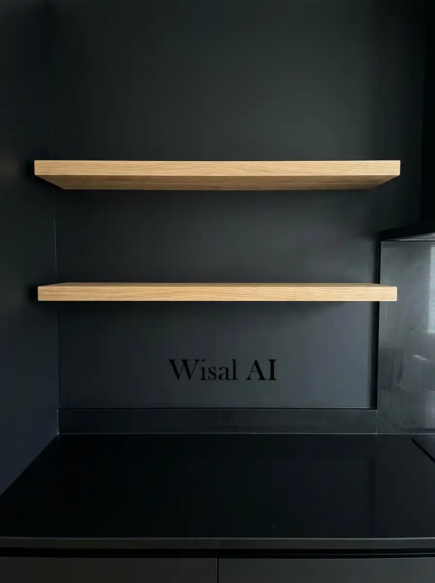 Modern kitchen with floating wooden shelves black cabinetry and soft ambient lighting interior style.