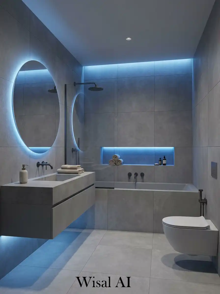 Floor to ceiling grey tiles with blue LED lighting