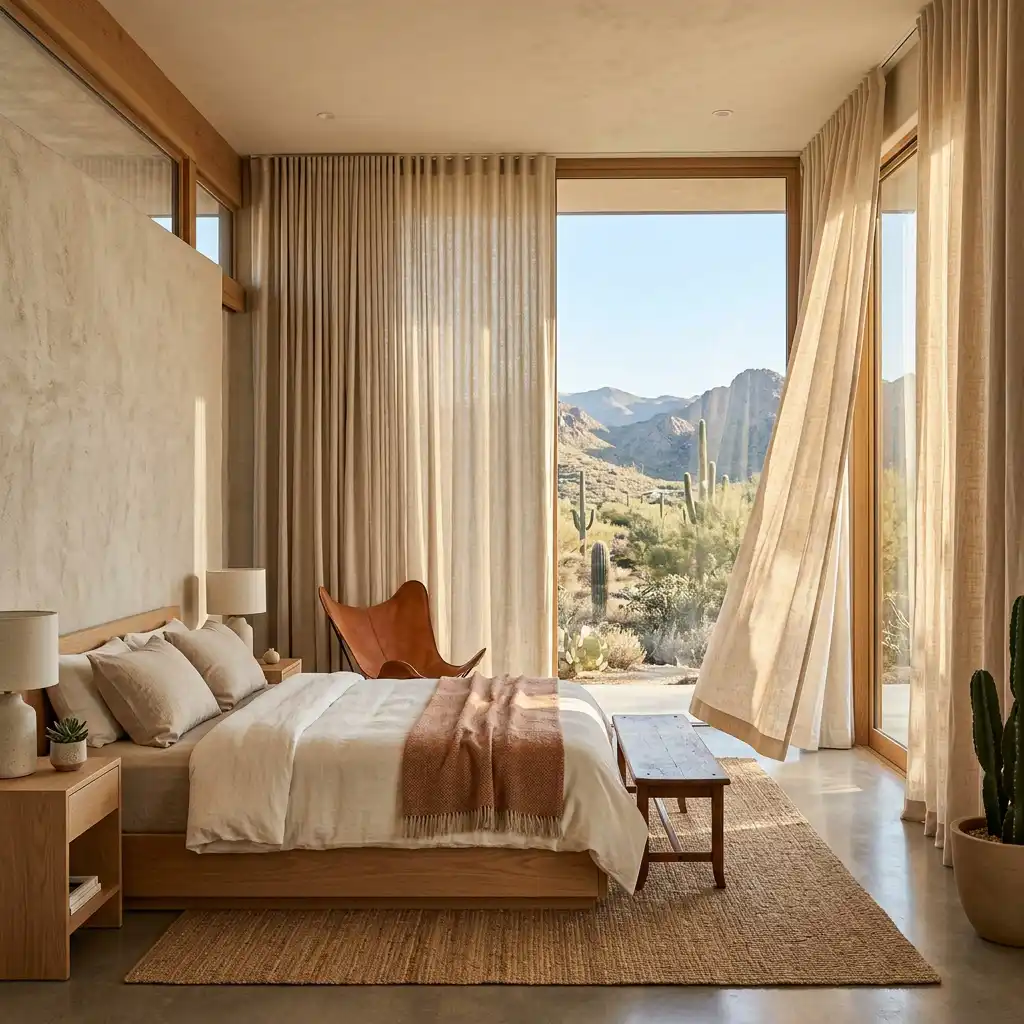 Floor to ceiling linen curtains with sunlight
