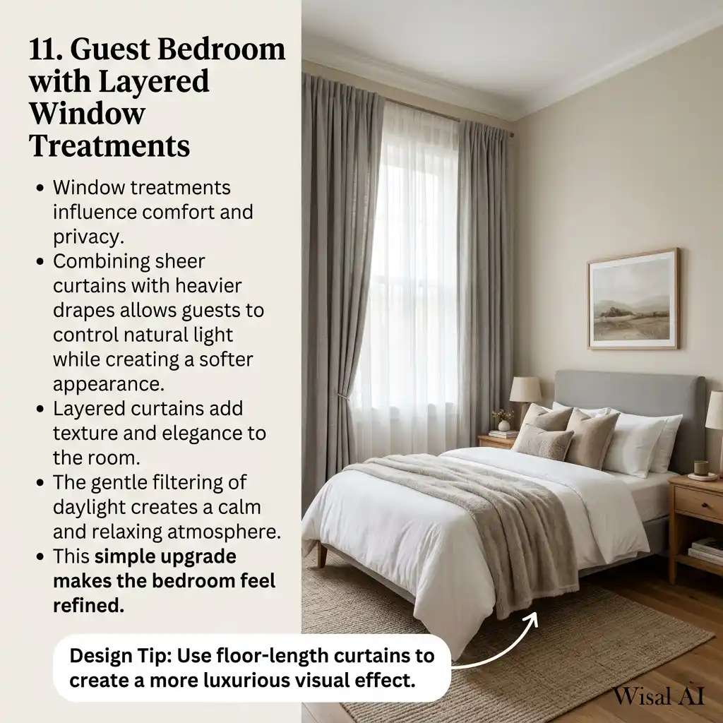 Guest bedroom with layered window treatments and soft curtains.