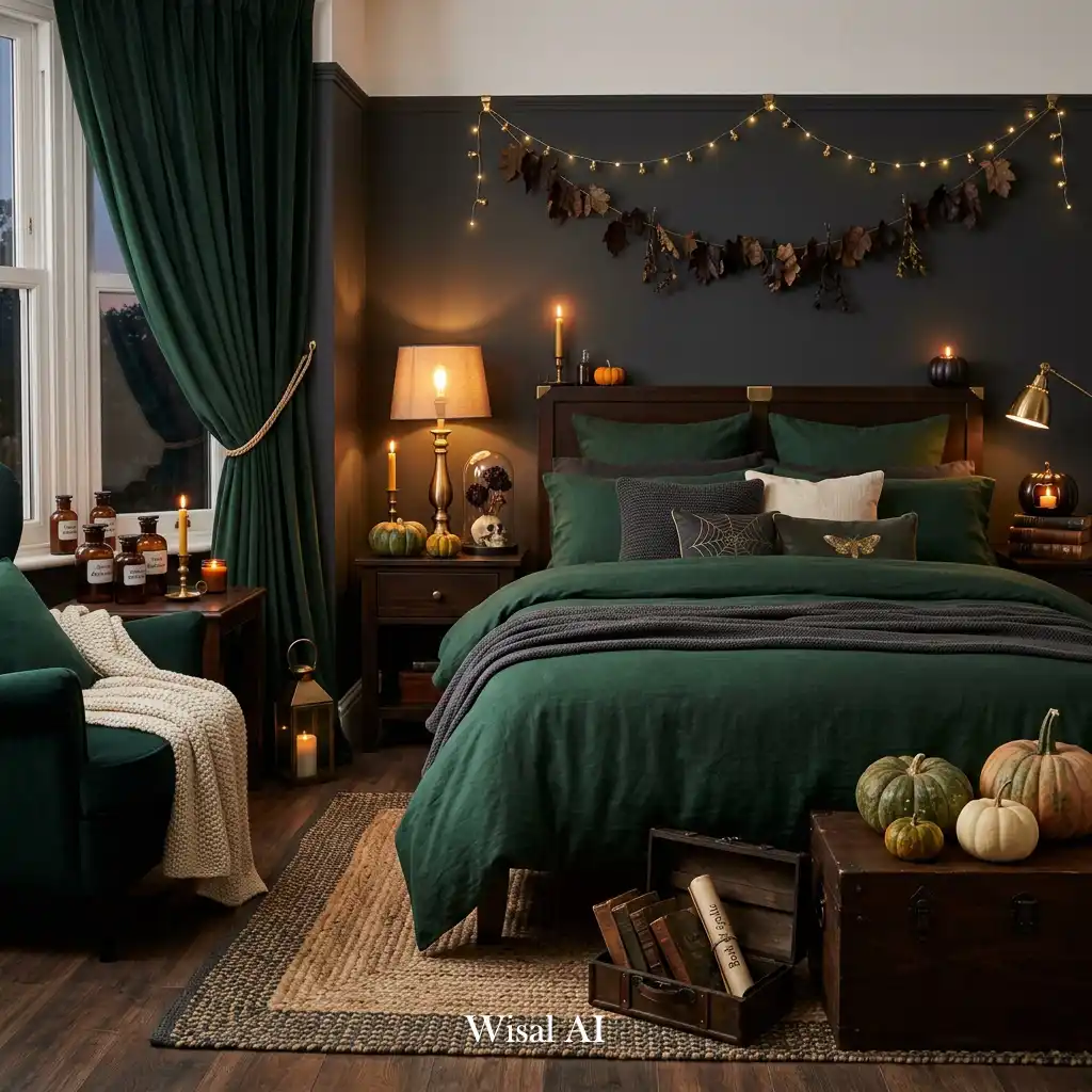 Dark bedroom with deep forest green accents and cozy textures.