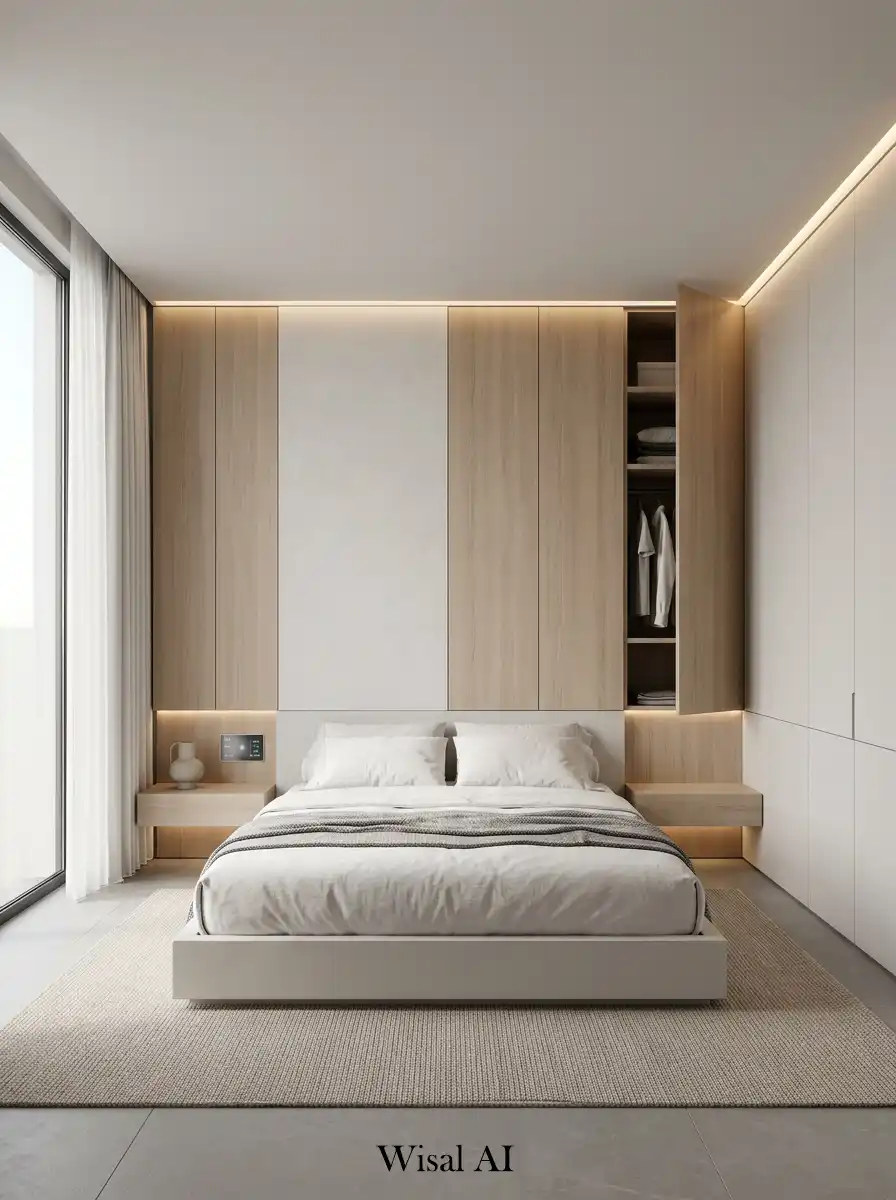Modern bedroom with concealed wall storage and minimal aesthetic.