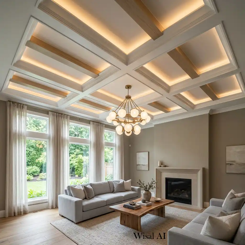 Elegant coffered ceiling with designer lighting.