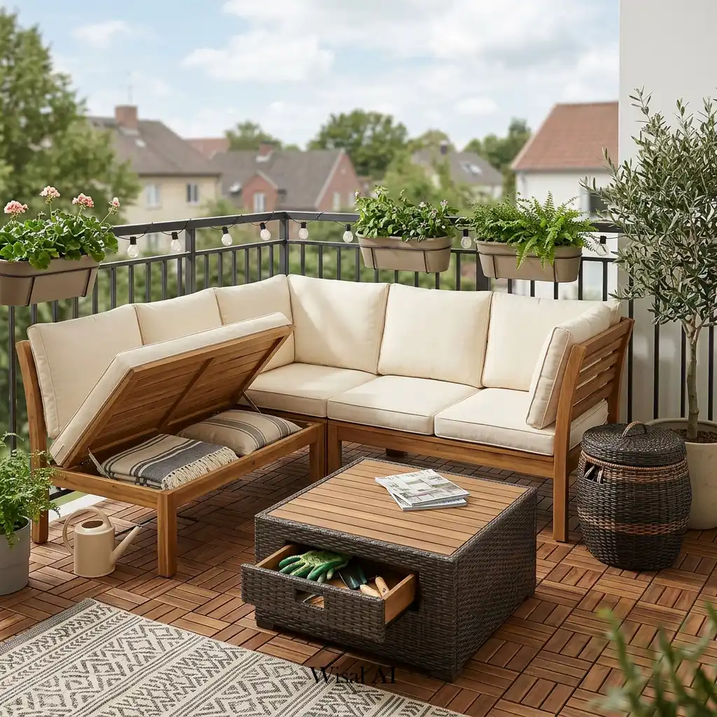 Small balcony featuring a stylish storage bench keeping the outdoor space organized.