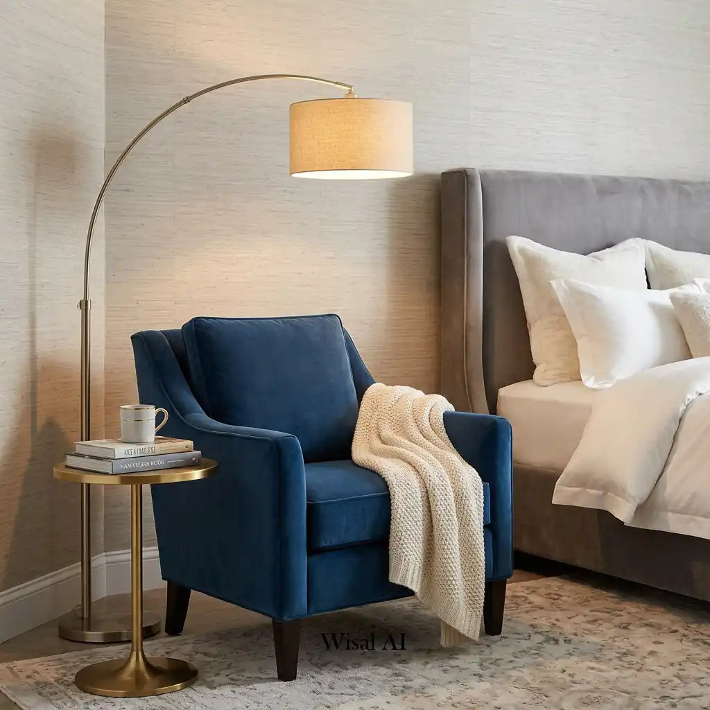 Spacious bedroom with upholstered accent chair creating comfortable luxury hotel-inspired relaxation space.