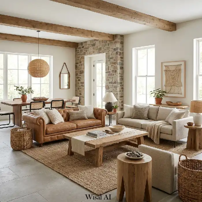 Modern traditional fusion living room with layered textures and warm lighting