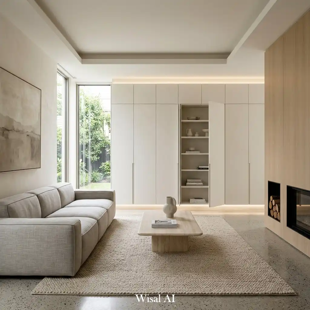Contemporary living room with built-in storage and seamless wall design