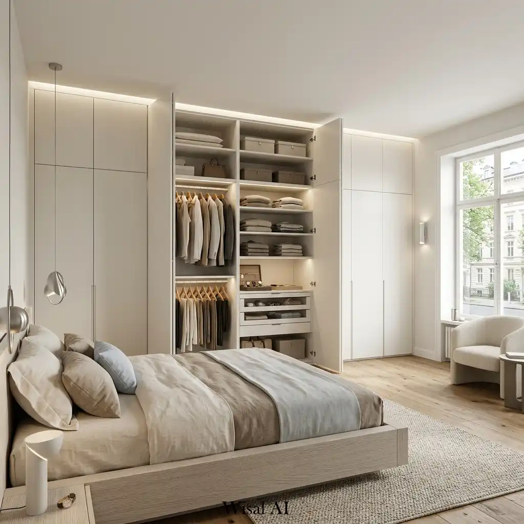 Modern bedroom with built-in wardrobes and seamless storage design