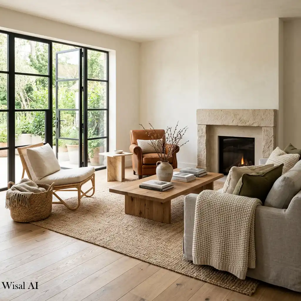 Living room featuring natural wood, stone, and woven textures.