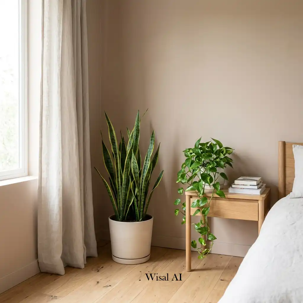 Serene bedroom decorated with indoor plants, natural wood furniture, and organic materials for a relaxing retreat.
