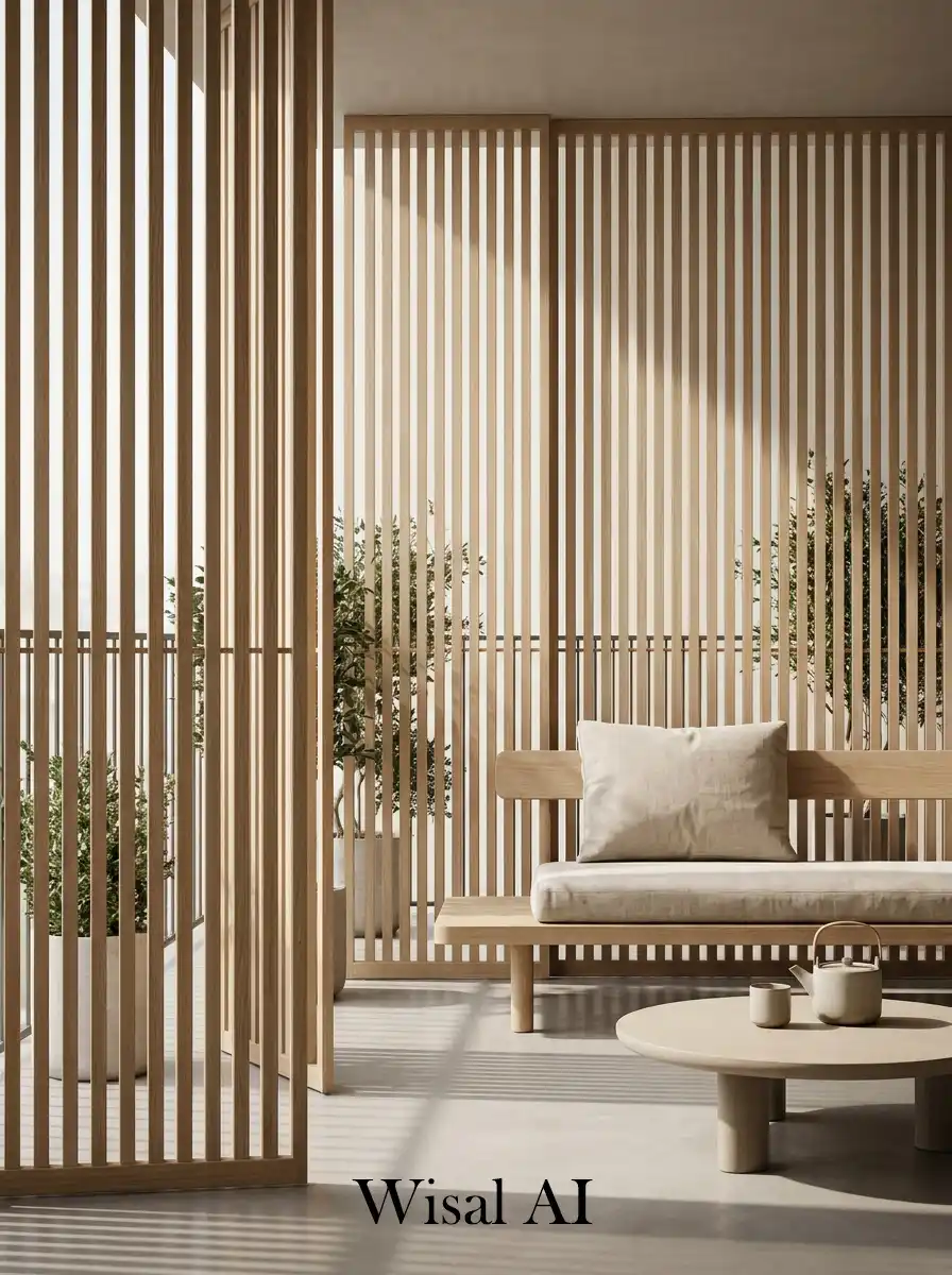 Elegant balcony with slatted wooden screens creating soft shadow patterns and warm lighting effects.