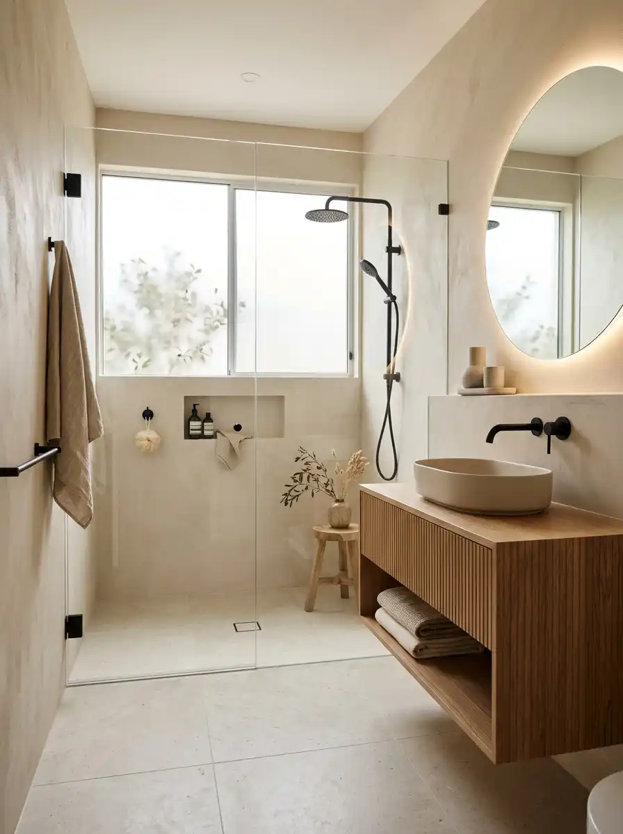 11. Japandi Bathroom with Frameless Glass Shower