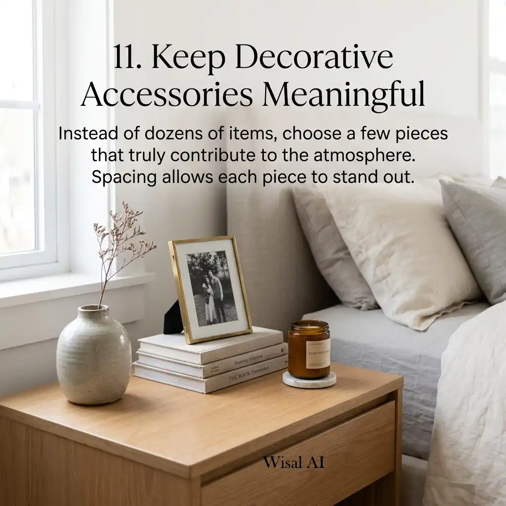 Thoughtfully decorated bedroom showcasing meaningful accessories with clean uncluttered surfaces.