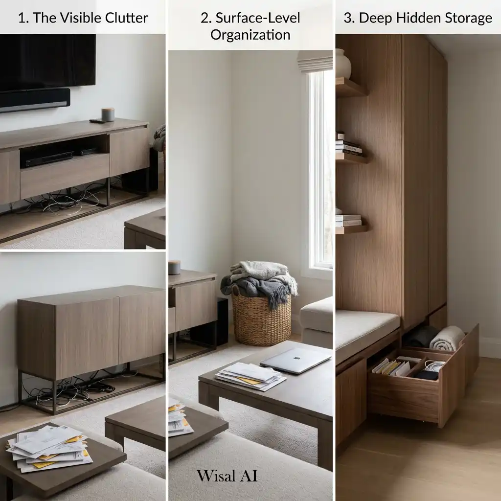 Organized home featuring hidden storage solutions for a clean and spacious look.