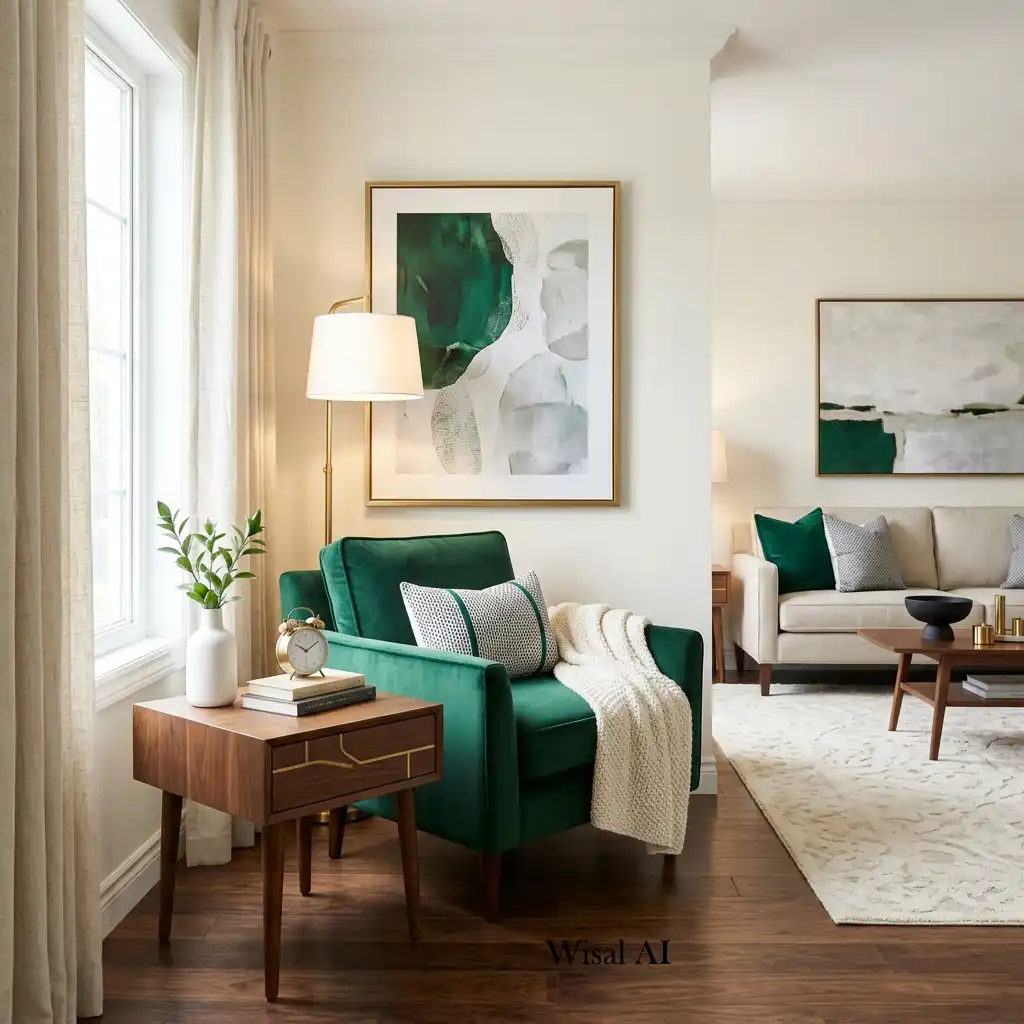 Sophisticated living room with a balanced emerald green color palette.