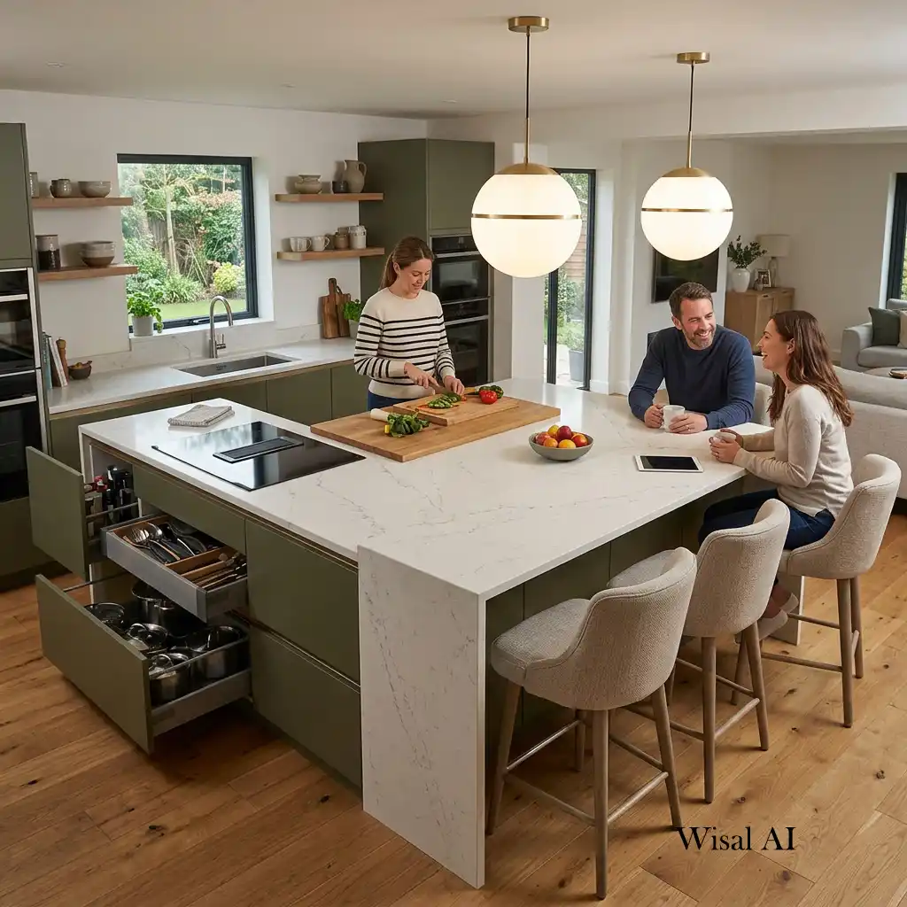 Double-sided kitchen island with built-in seating and generous storage.