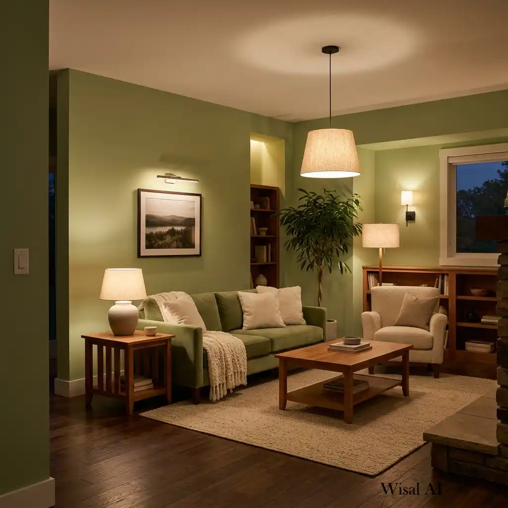 Layered warm lighting in a soft green contemporary living room.