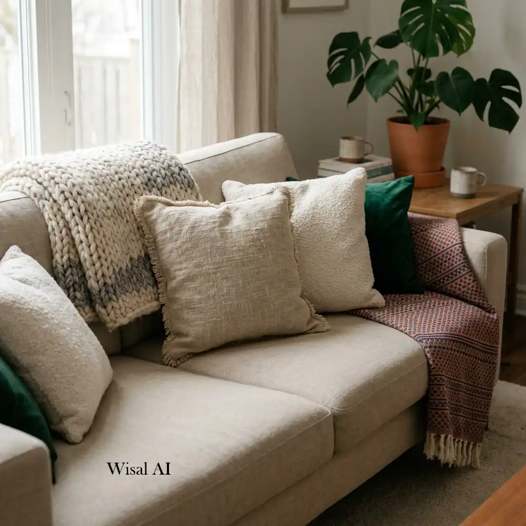 Stylish sofa layered with textured pillows and cozy throws for added warmth.