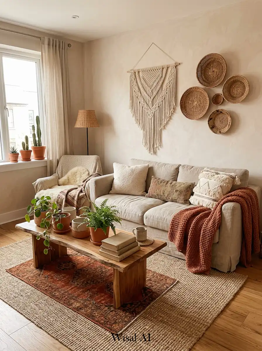 11. Layered Boho Texture Living Room Concept