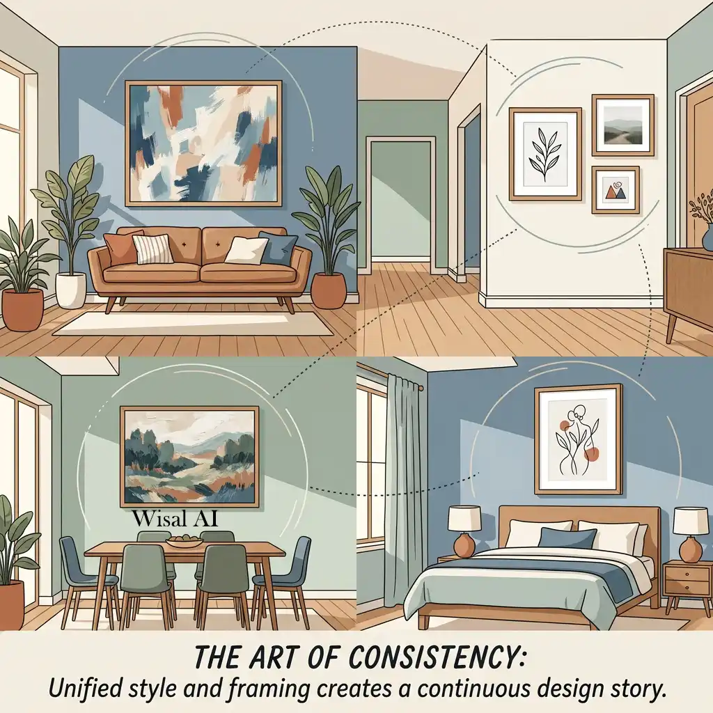 Beautiful home featuring coordinated artwork creating visual harmony across multiple living spaces.