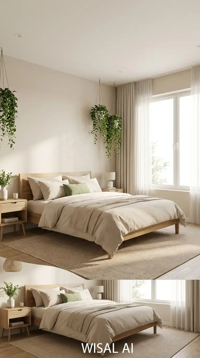 11. Light Beige Bedroom with Hanging Green Plants