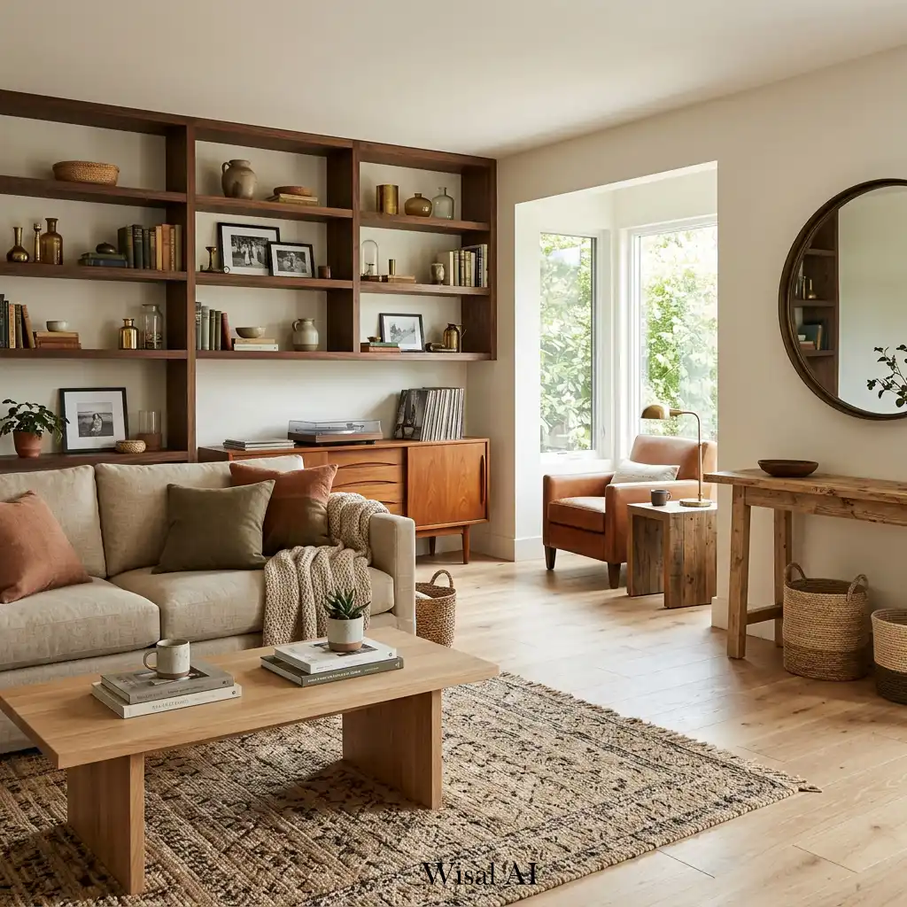 Living room with mixed wood tones and collected design style