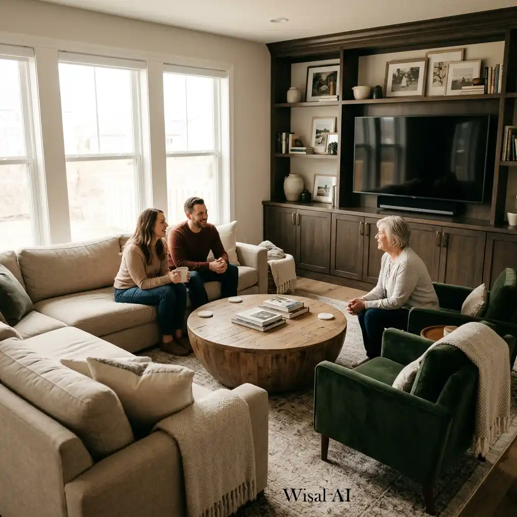 Conversation-friendly furniture arrangement centered around a coffee table.