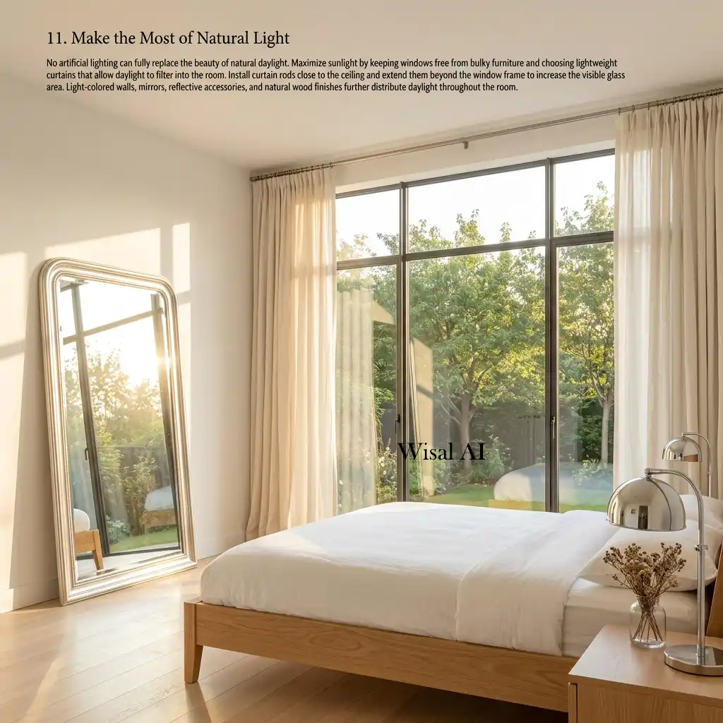 Bright bedroom filled with natural daylight through large windows dressed with sheer linen curtains.