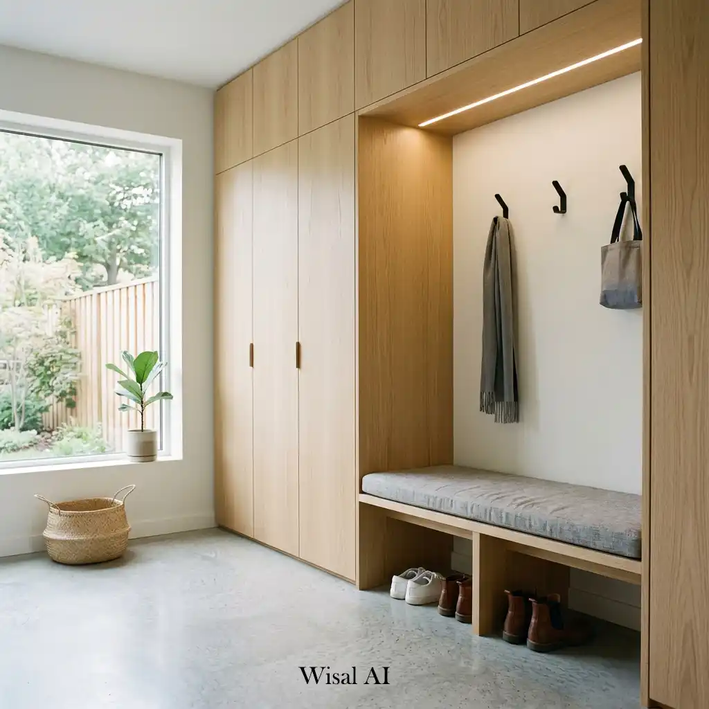 Minimalist mudroom with clean lines, neutral colors, and clutter-free organization