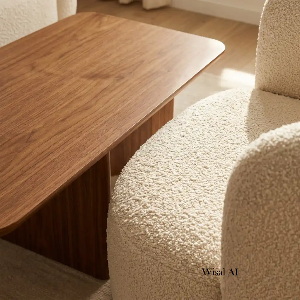 Luxury living room mixing walnut wood, linen, and velvet textures.