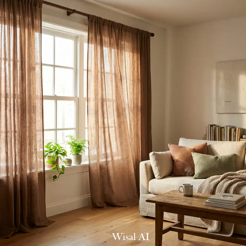 Mocha linen curtains filtering soft natural apartment light