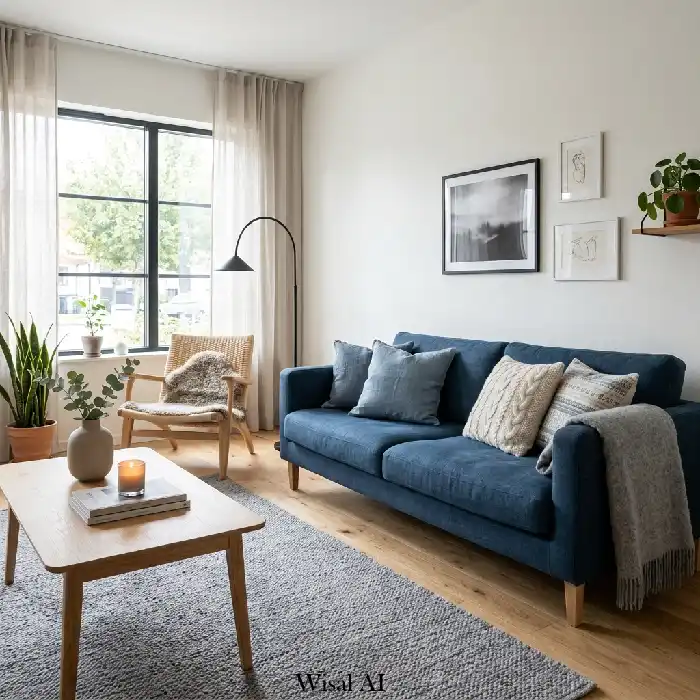 Luxury living room with moody blue velvet seating and gold lighting fixtures