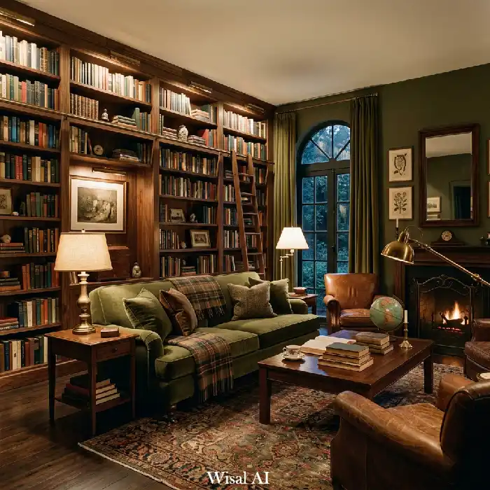 Library-inspired olive green living room with floor-to-ceiling bookshelves and warm ambient lighting