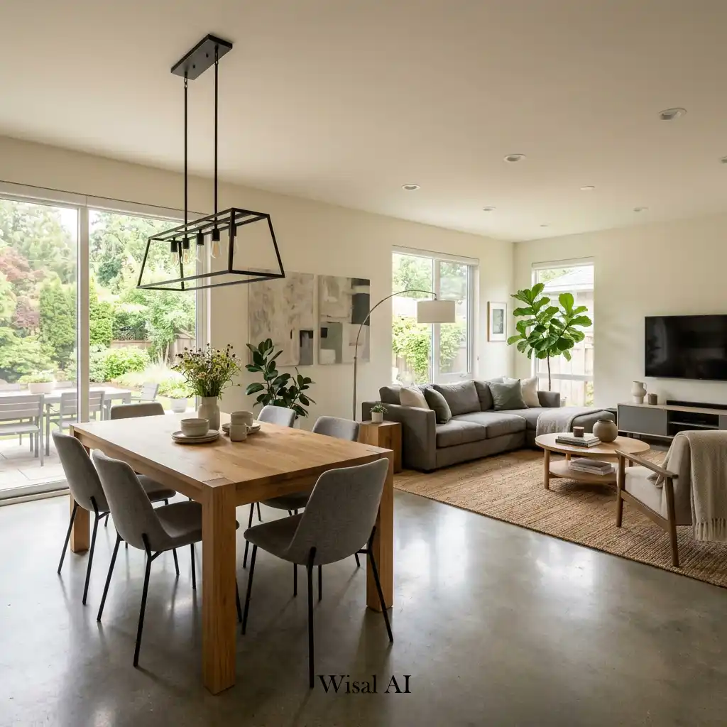 Open living and dining area with cohesive modern interior design