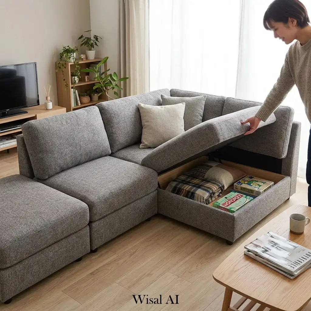 Modular sofa with hidden storage keeps room calm and uncluttered