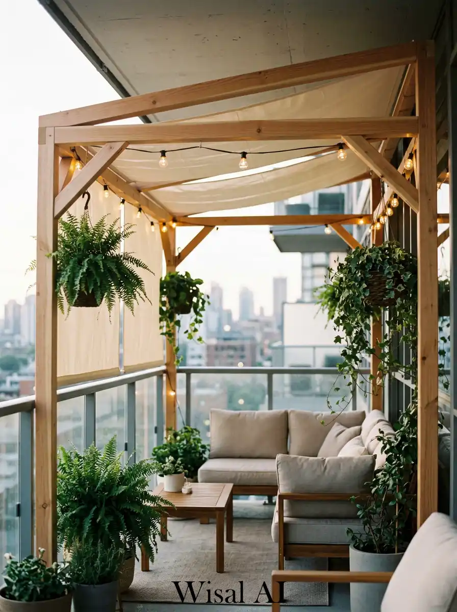 Pergola structure with fabric roof balcony privacy