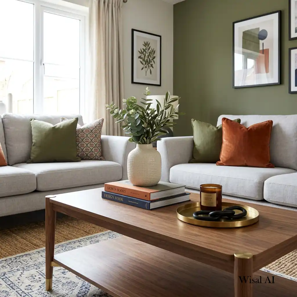 Luxury coffee table styling that echoes the living room’s neutral color palette.