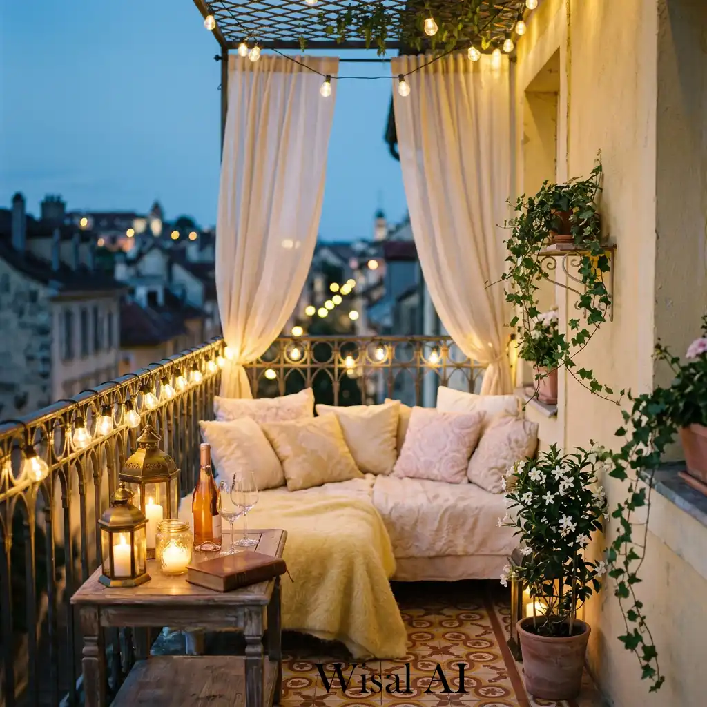 Romantic yellow balcony with soft lighting and intimate evening mood