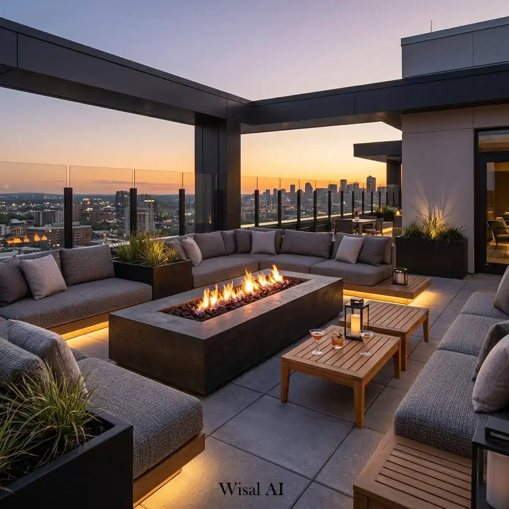 Modern rooftop fire pit surrounded by comfortable luxury lounge seating