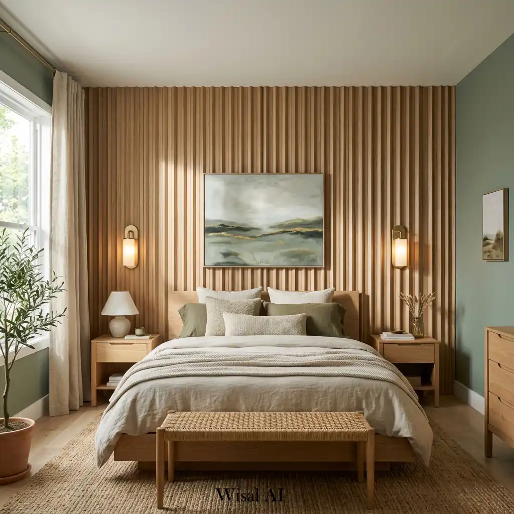 Sage green bedroom with white oak fluted wall panels behind the bed.