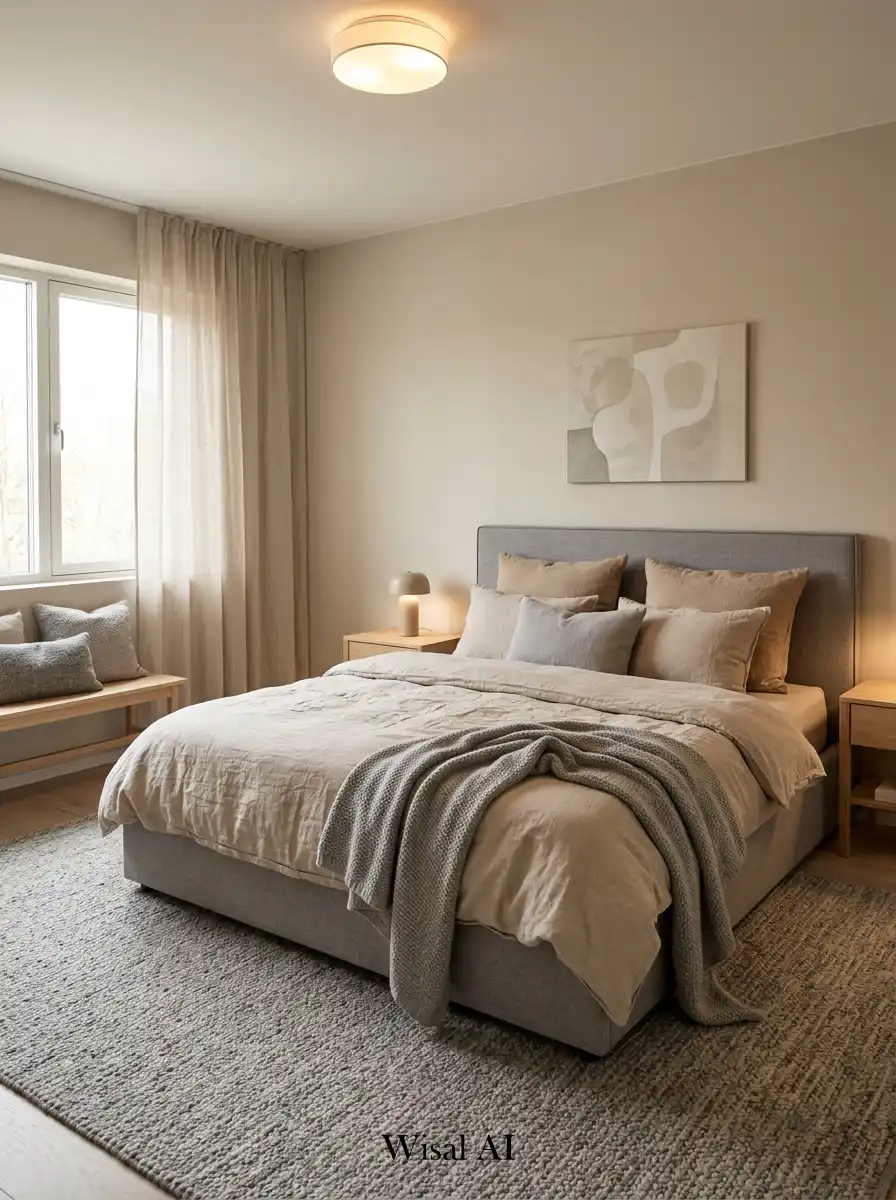 Minimal bedroom design using sand beige and stone gray tones to create a balanced neutral and calming modern interior space.