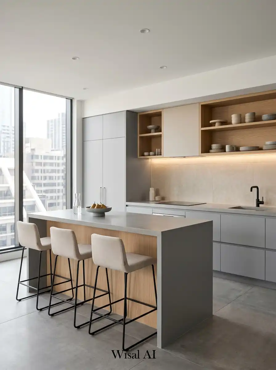 Urban modern kitchen with soft gray elements and beige tones in a clean minimal style.