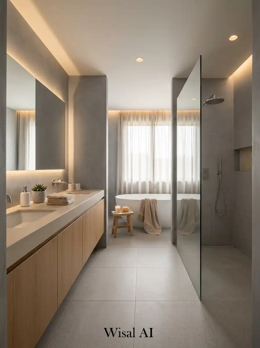 Spa bathroom with soft gray walls and warm beige tones in a balanced interior.