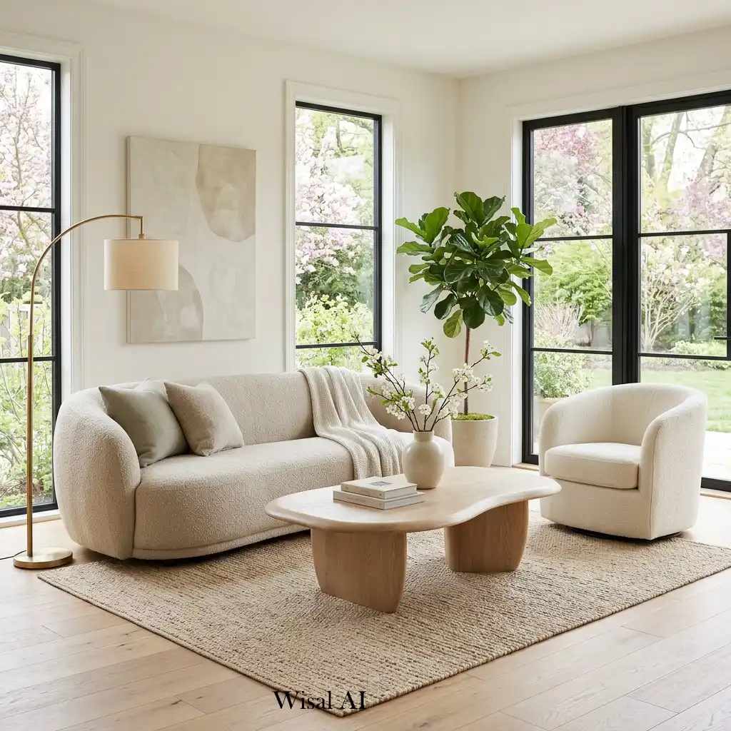 Sculptural furniture forms in a soft elegant spring space.