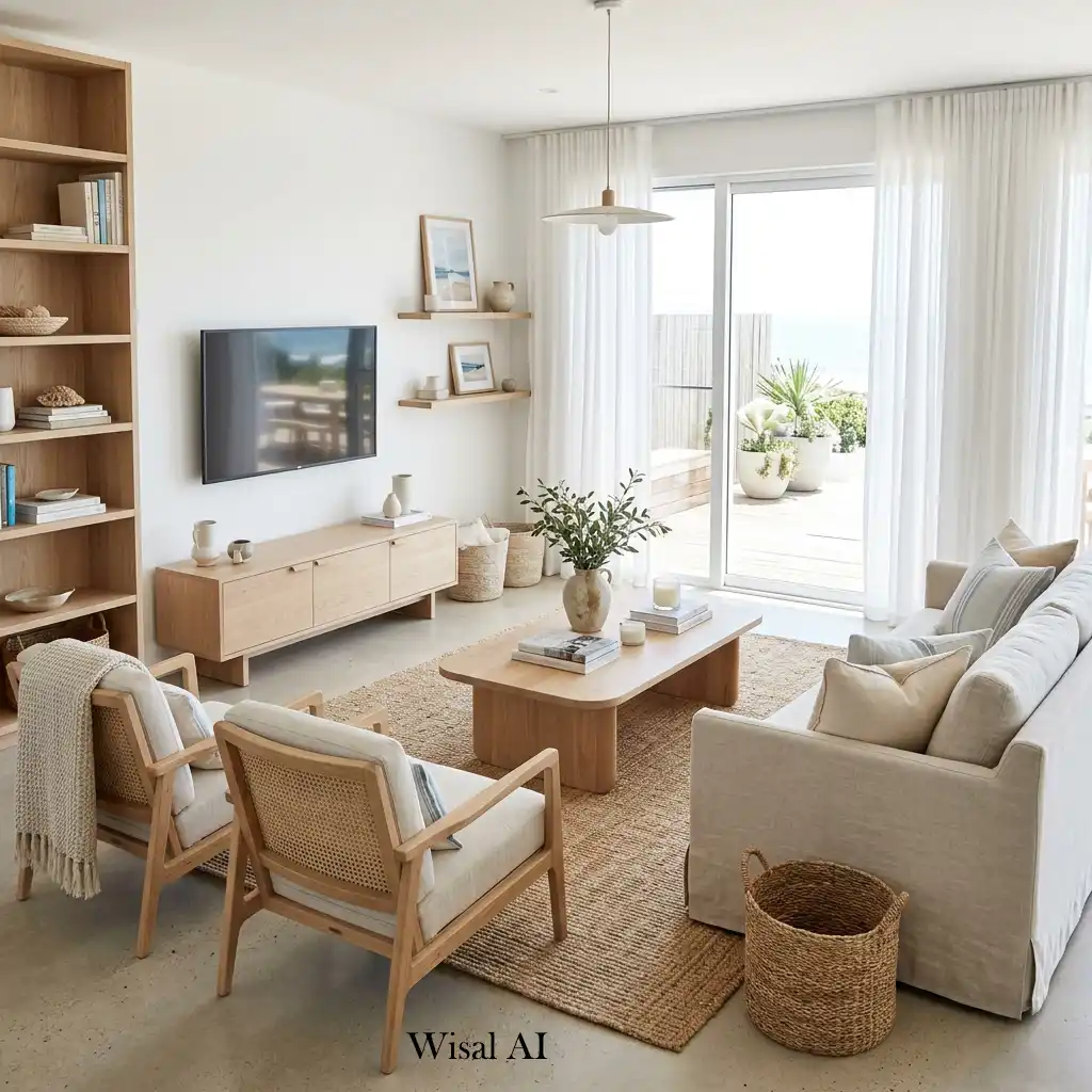 Bright beach house living room furnished with white oak furniture.
