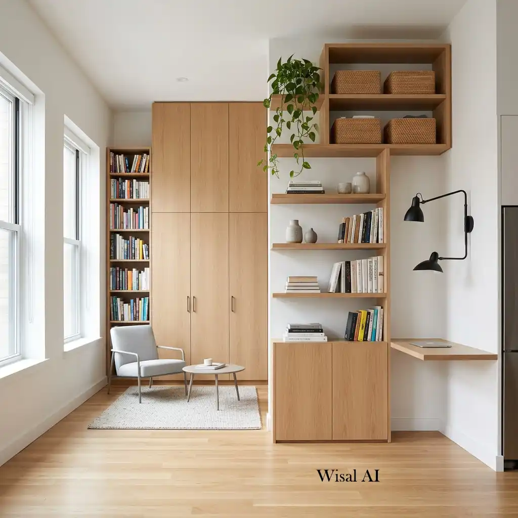 Small bedroom with floor-to-ceiling storage maximizing vertical space without adding clutter.